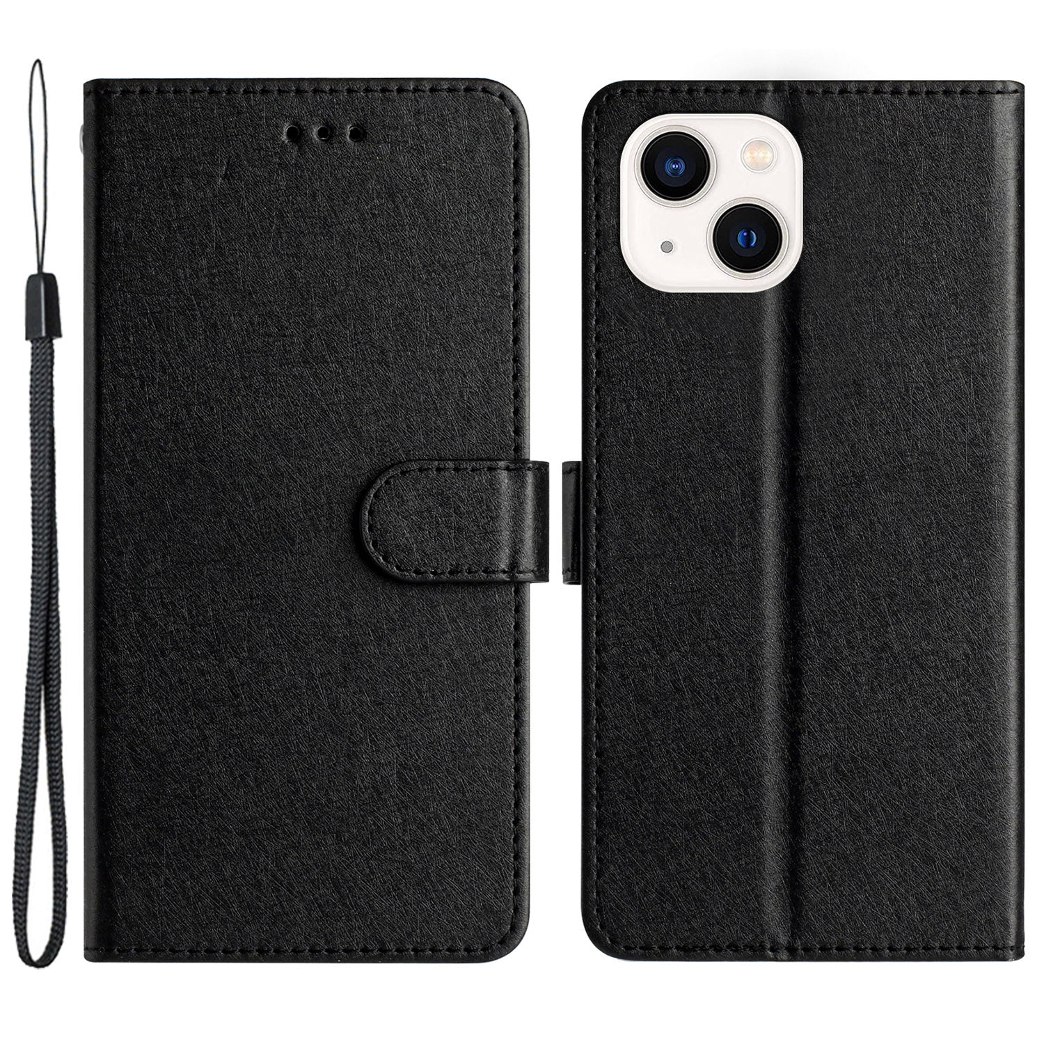 Phone Stand Cover for iPhone 14 PU Leather Silk Texture Fully Wrapped Wallet Case with Wrist Strap Phone Stand Cover for iPhone 14 PU Leather Silk Texture Fully Wrapped Wallet Case with Wrist Strap